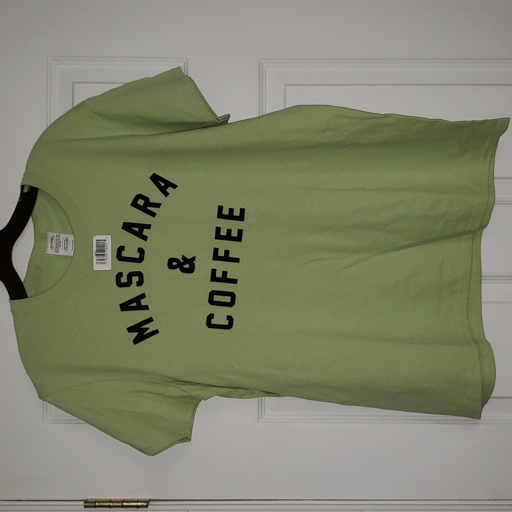 T-shirt with Mascara & Coffee Graphic, Sz L, NWT **SMALL FLAW** Read Description